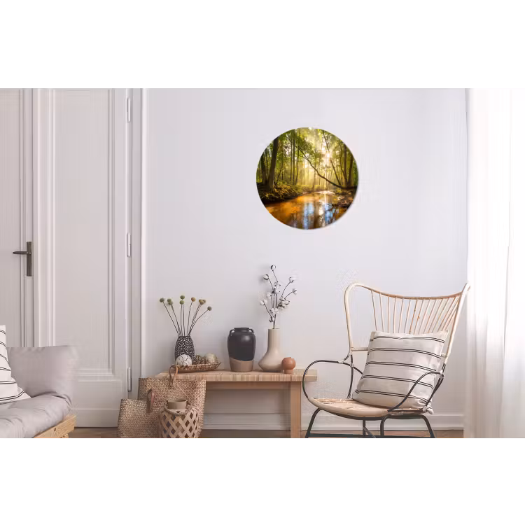 Bos - Beek - Zonlicht - Natuur - Groen Wandcirkel aluminium klein -woonkamer