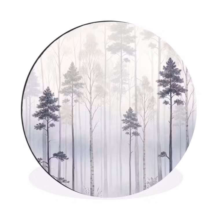 Bos - Bomen - Mist - Natuur - Illustratie - Grijs Wandcirkel aluminium klein -3d