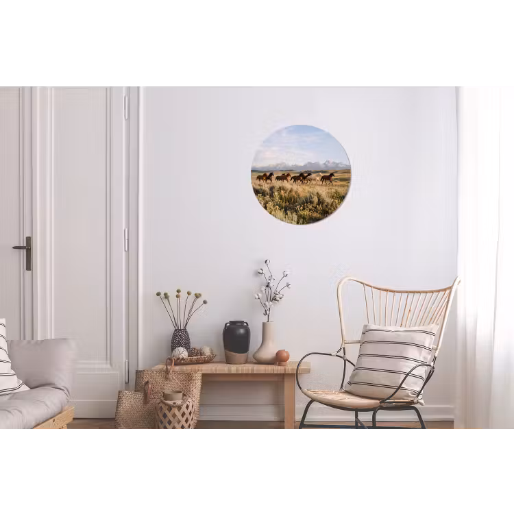 Paarden - Kudde - Bergen - Vrijheid - Wild Wandcirkel aluminium klein -woonkamer