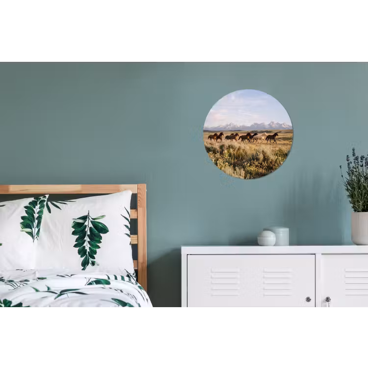 Paarden - Kudde - Bergen - Vrijheid - Wild Wandcirkel aluminium klein -slaapkamer