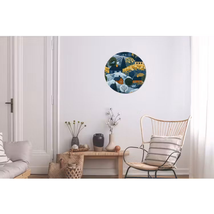 Huisjes - Bloemen - Patroon - Geel - Blauw Wandcirkel aluminium klein 190 -woonkamer