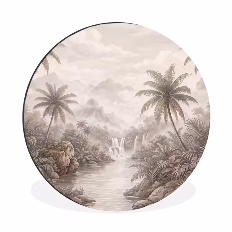 Jungle - Watervallen - Tropisch - Illustratie Wandcirkel aluminium klein -3d