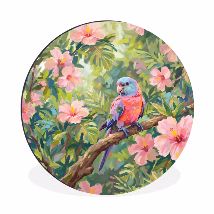 Papagaai - Hibiscusbloemen - Kleurrijk Wandcirkel aluminium klein -3d
