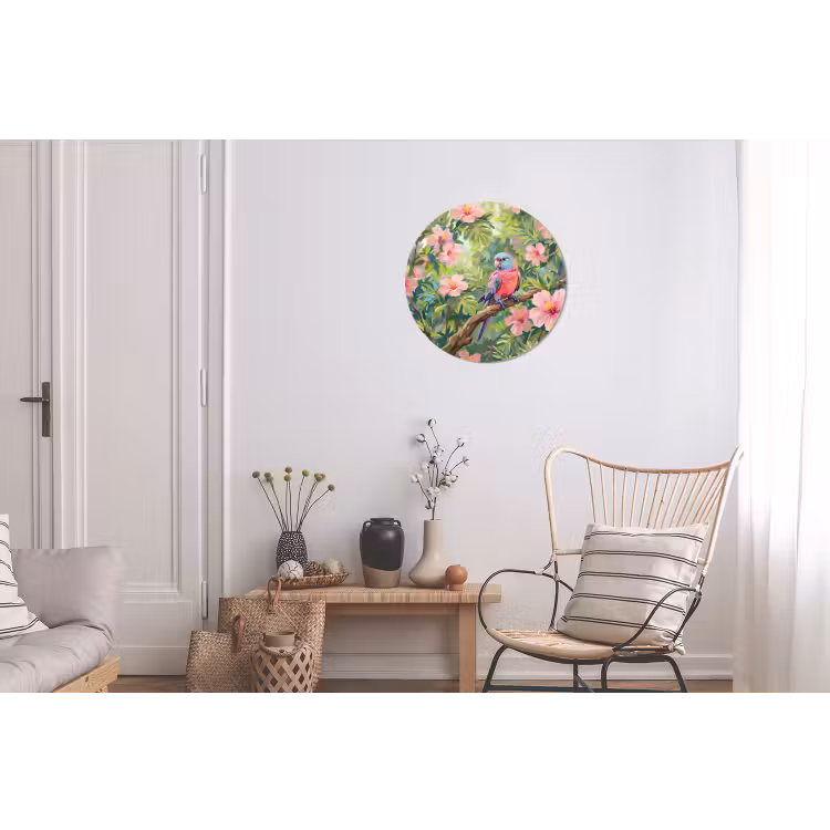 Papagaai - Hibiscusbloemen - Kleurrijk Wandcirkel aluminium klein -woonkamer
