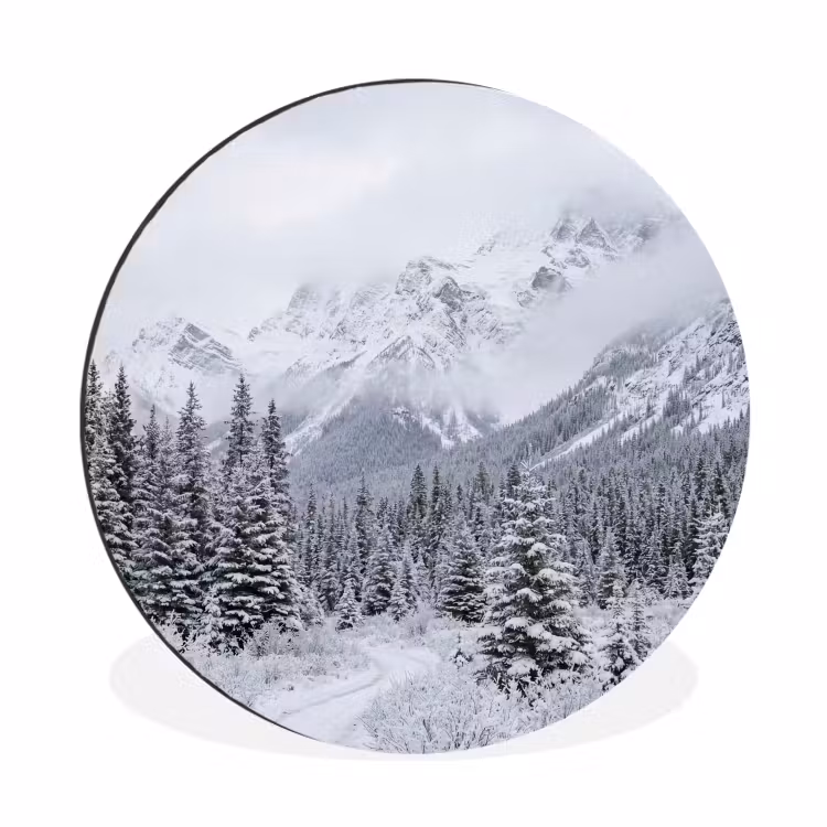 Weg - Bergen - Sneeuw - Naaldbos - Avontuurlijk Wandcirkel aluminium klein -3d