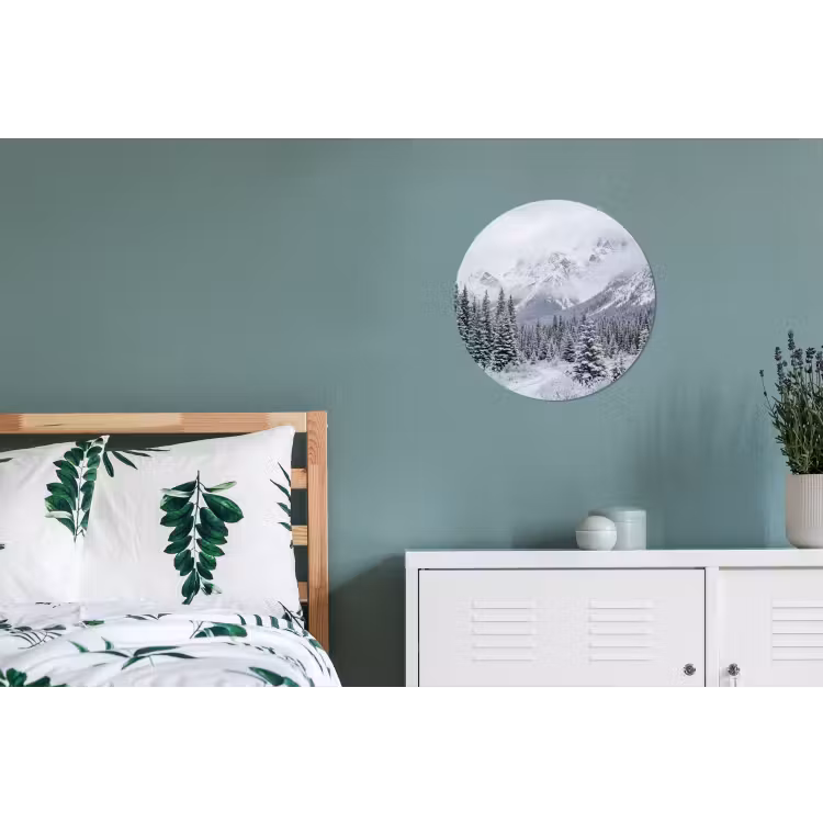 Weg - Bergen - Sneeuw - Naaldbos - Avontuurlijk Wandcirkel aluminium klein -slaapkamer