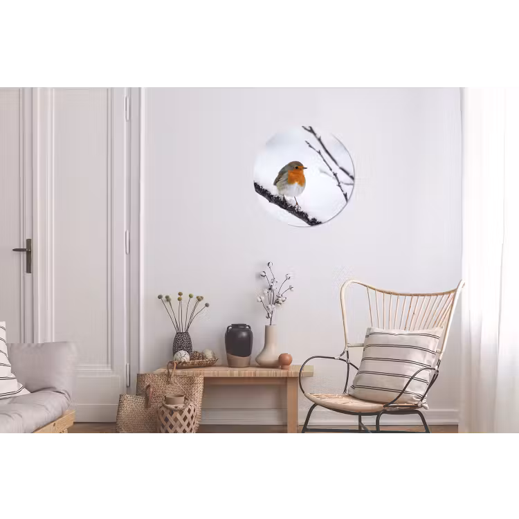 Roodborstje - Tak - Sneeuw - Winter - Levendig Wandcirkel aluminium klein -woonkamer