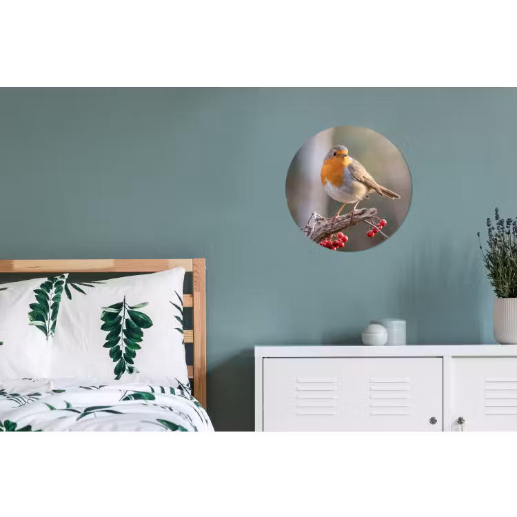 Roodborst - Tak - Bessen - Natuur Wandcirkel aluminium klein -slaapkamer