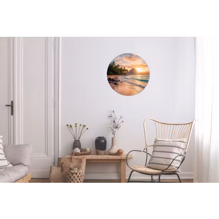 Zee - Berg - Landschap - Tropisch - Goud Wandcirkel aluminium klein -woonkamer