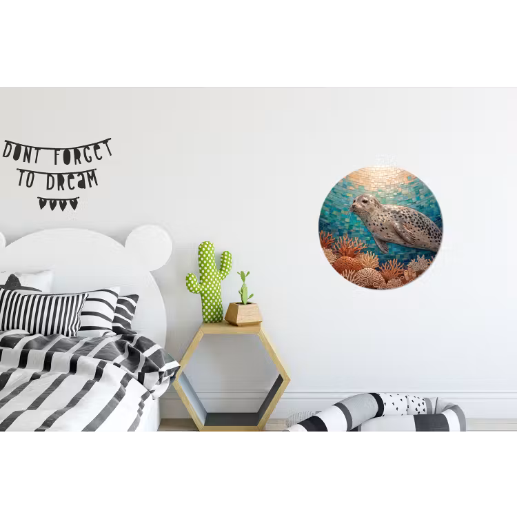 Zeehond - Mozaïek - Onderwater - Dieren - Blauw Wandcirkel aluminium klein -kinderkamer
