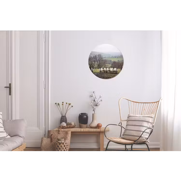 Schapen - Rij - Weide - Dieren - Platteland Wandcirkel aluminium klein -woonkamer