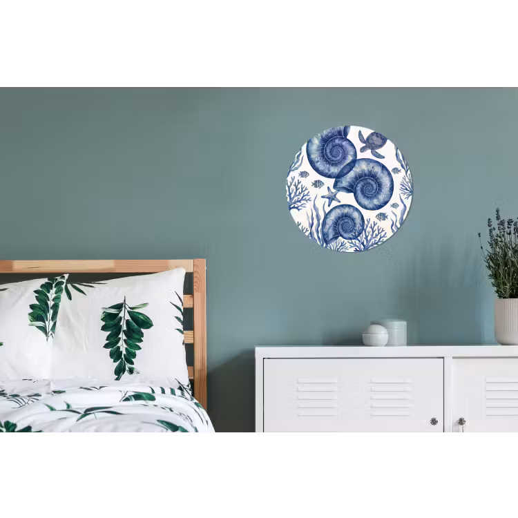 Schelp - Spiraal - Zeeleven - Aquarel - Blauw Wandcirkel aluminium klein -slaapkamer