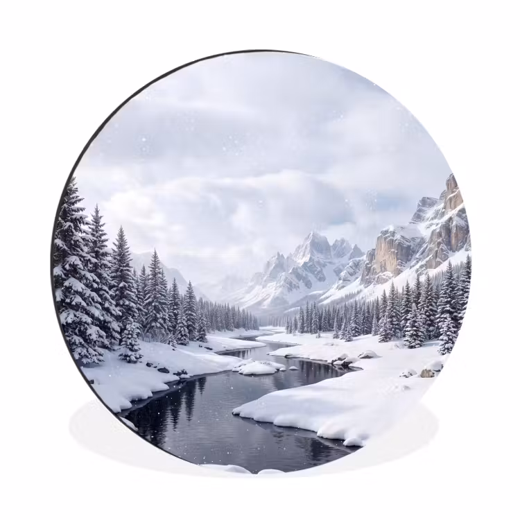 Sneeuwlandschap - Bergen - Rivier - Winter Wandcirkel aluminium klein -3d