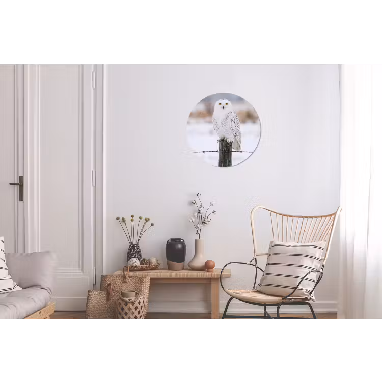 Sneeuwuil - Hek - Sneeuw - Wit Wandcirkel aluminium klein -woonkamer