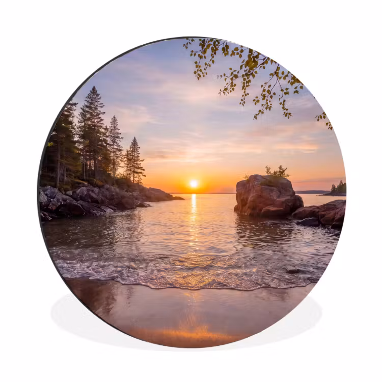 Zonsondergang - Kust - Water - Natuur - Oranje Wandcirkel aluminium klein -3d