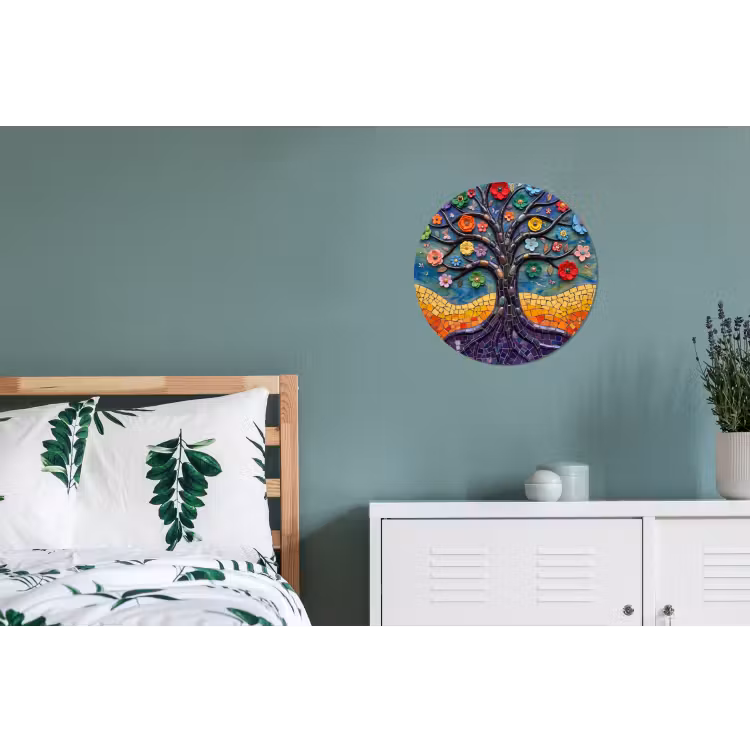 Levensboom - Mozaïek - Bloemen - Kleurrijk - Vrolijk Wandcirkel aluminium klein -slaapkamer