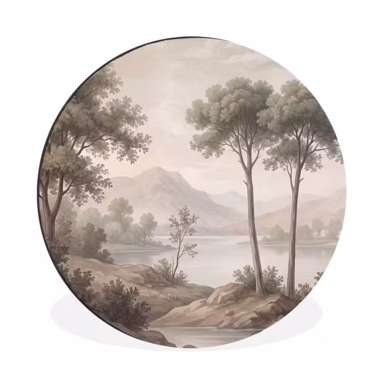 Bomen - Meer - Bergen - Illustratie Wandcirkel aluminium klein -3d