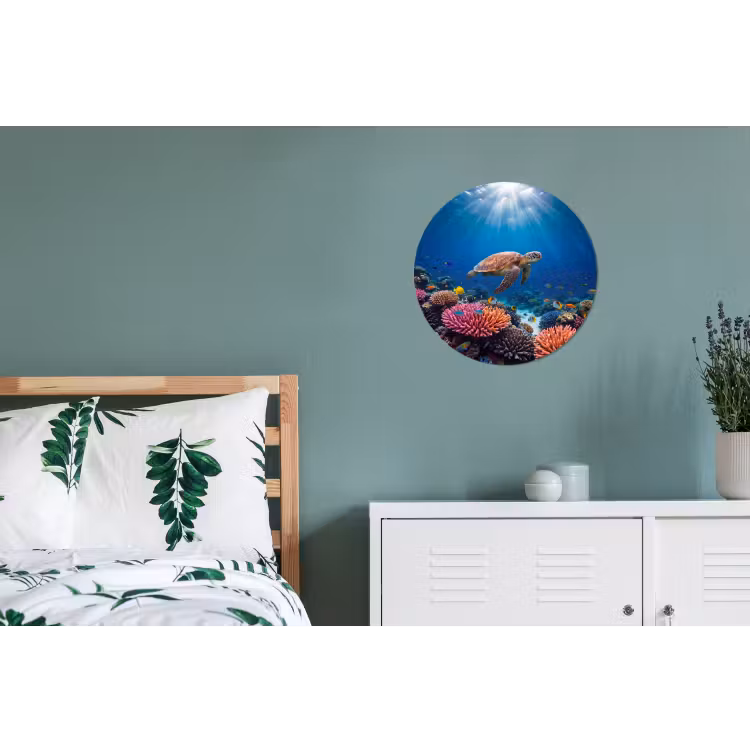 Schildpad - Koraalrif - Oceaan - Dieren - Blauw Wandcirkel aluminium klein -slaapkamer