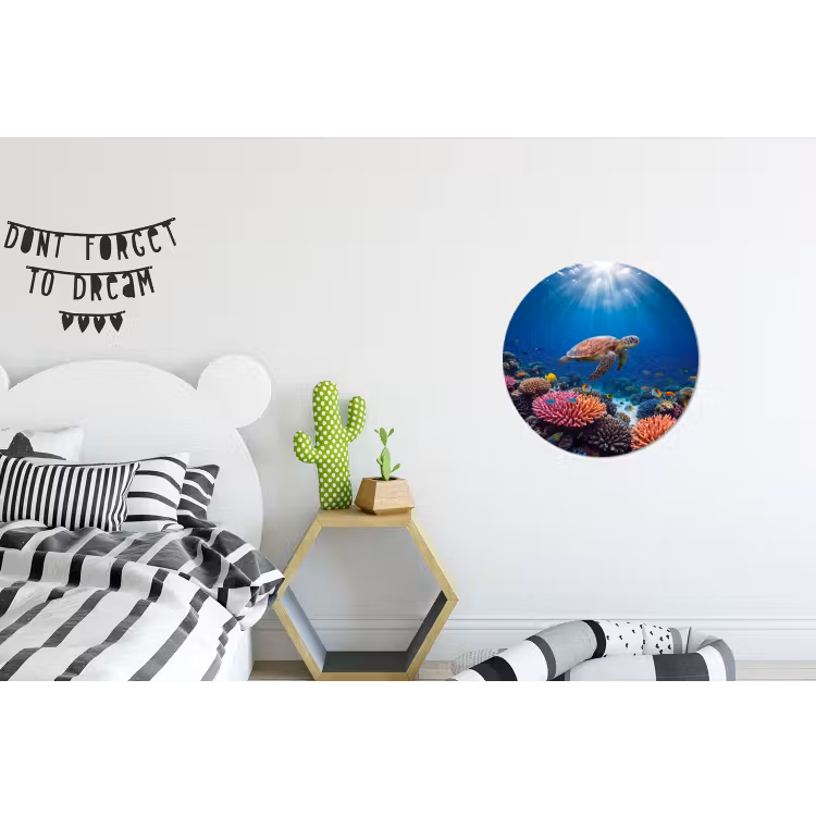 Schildpad - Koraalrif - Oceaan - Dieren - Blauw Wandcirkel aluminium klein -kinderkamer