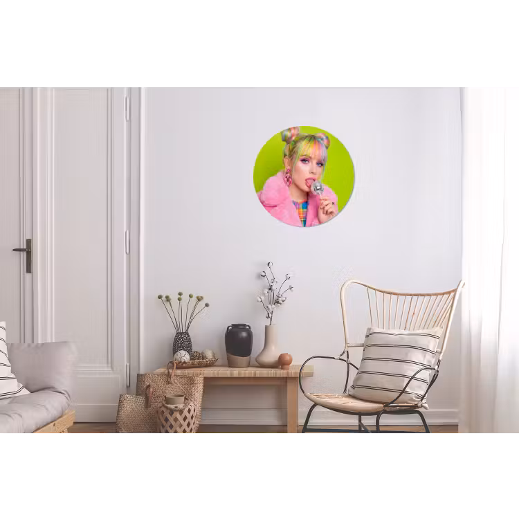 Vrouw - Kleurrijk haar - Pop art - Modern - Levendig Wandcirkel aluminium klein -woonkamer