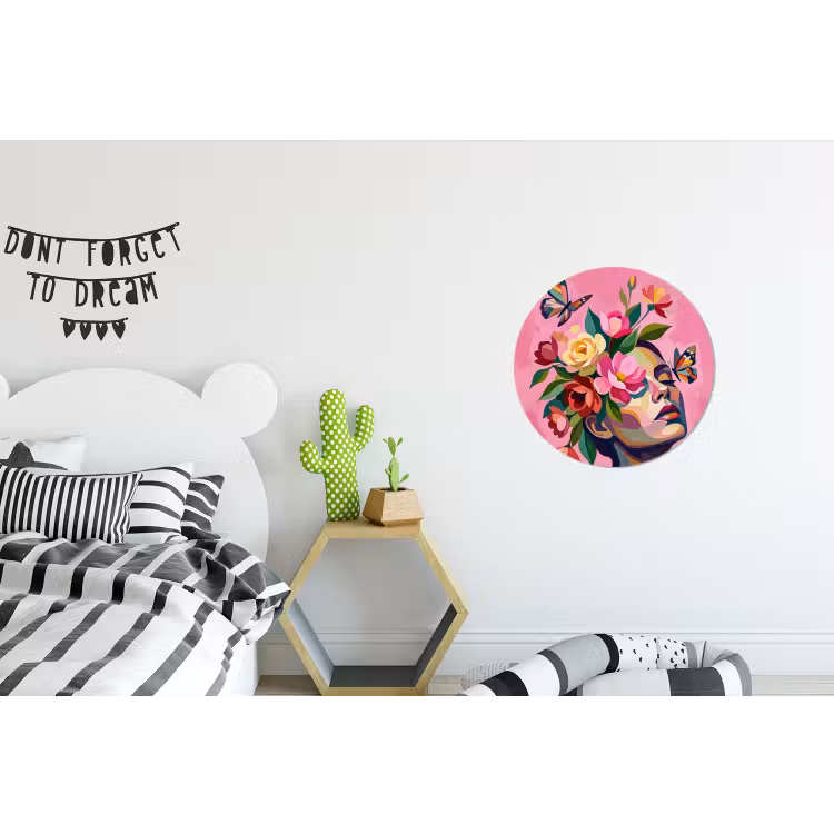 Vrouwengezicht - Vlinders - Kleurrijk Wandcirkel aluminium klein -kinderkamer