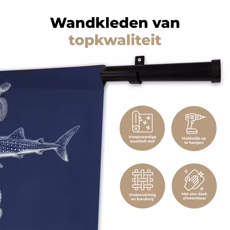 Dieren - Zeeleven - Oceaan - Graveren - Blauw Wandkleed katoen klein -sfeer2