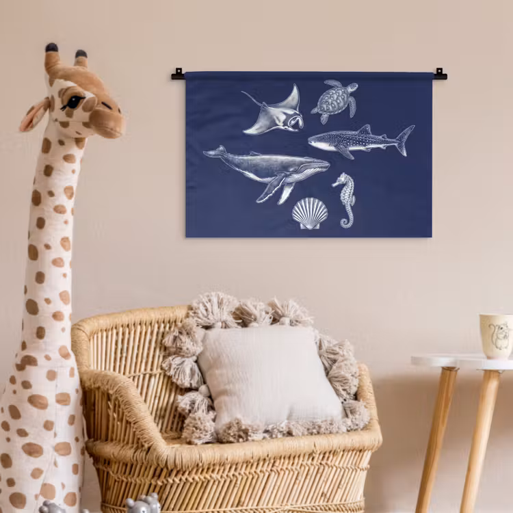 Dieren - Zeeleven - Oceaan - Graveren - Blauw Wandkleed katoen klein -wsfeer5_kind