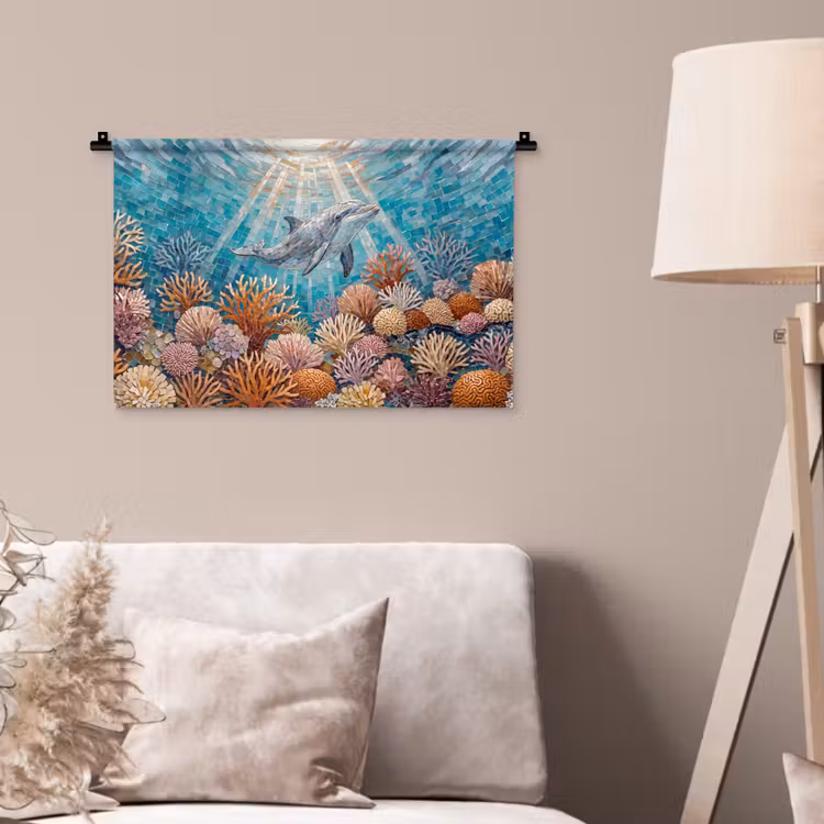 Dieren - Mozaïek - Oceaan - Koraal - Blauw Wandkleed katoen klein -sfeer4