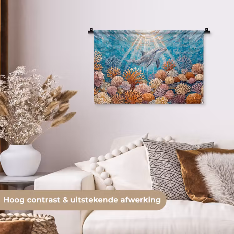 Dieren - Mozaïek - Oceaan - Koraal - Blauw Wandkleed katoen klein -sfeer1
