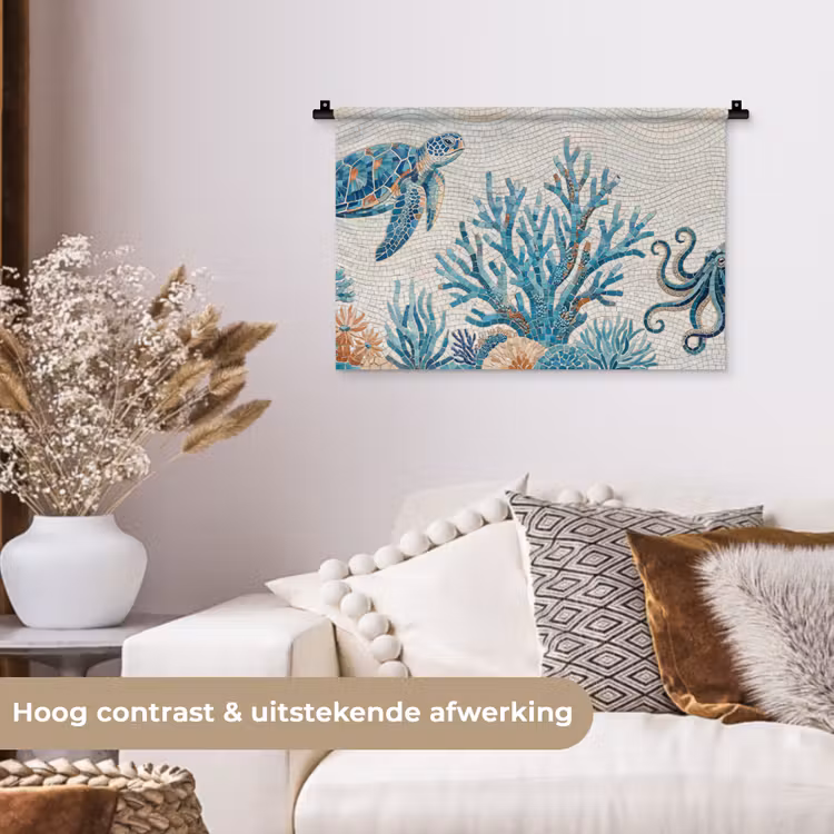 Dieren - Onderwater - Natuur - Mozaïek - Blauw Wandkleed katoen klein -sfeer1