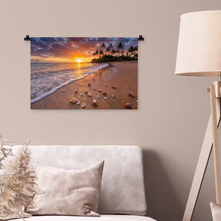 Strand - Zonsondergang - Palmbomen - Natuur - Oranje Wandkleed katoen klein -sfeer4