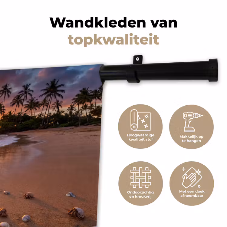 Strand - Zonsondergang - Palmbomen - Natuur - Oranje Wandkleed katoen klein -sfeer2