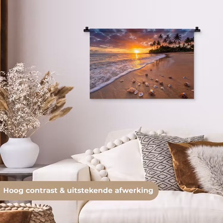 Strand - Zonsondergang - Palmbomen - Natuur - Oranje Wandkleed katoen klein -sfeer1