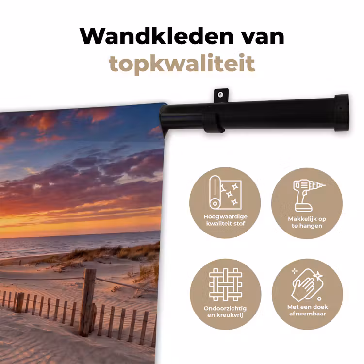 Strand - Zonsondergang - Zee - Natuur - Oranje Wandkleed katoen klein -sfeer2