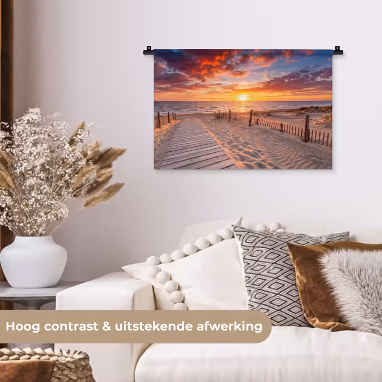 Strand - Zonsondergang - Zee - Natuur - Oranje Wandkleed katoen klein -sfeer1