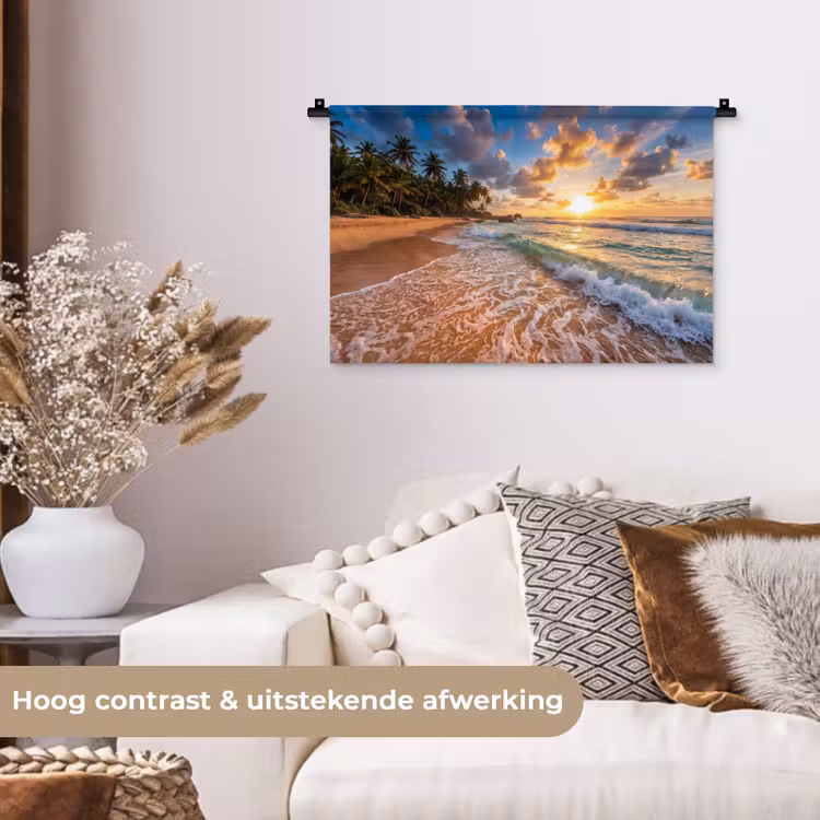 Strand - Zonsondergang - Golven - Natuur - Goud Wandkleed katoen klein -sfeer1