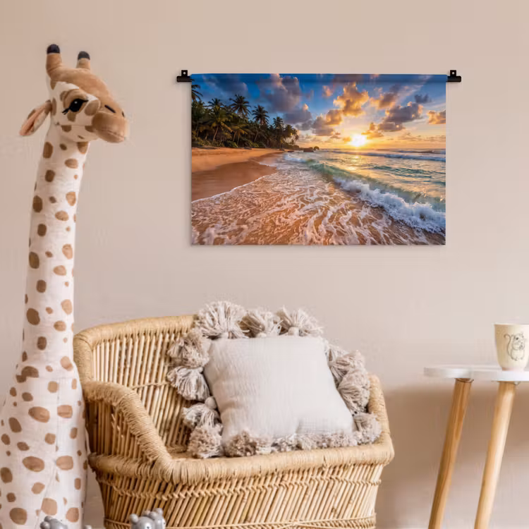 Strand - Zonsondergang - Golven - Natuur - Goud Wandkleed katoen klein -wsfeer5_kind
