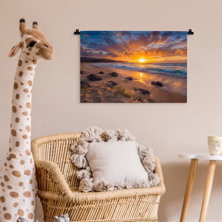 Strand - Zonsondergang - Golven - Natuur - Oranje Wandkleed katoen klein -wsfeer5_kind