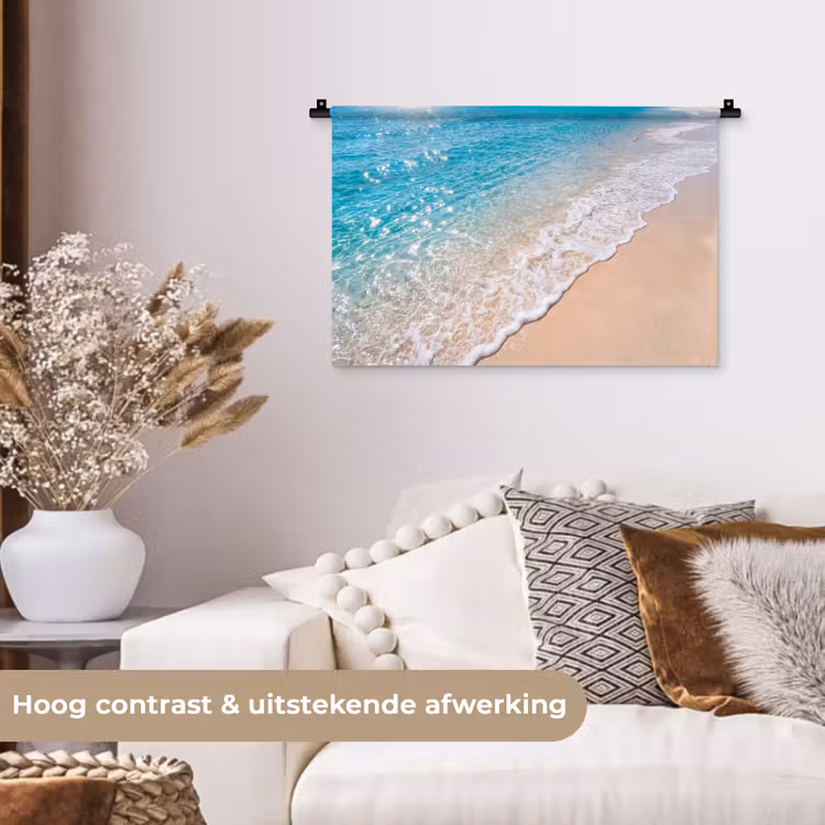 Strand - Water - Natuur - Blauw - Beige Wandkleed katoen klein -sfeer1