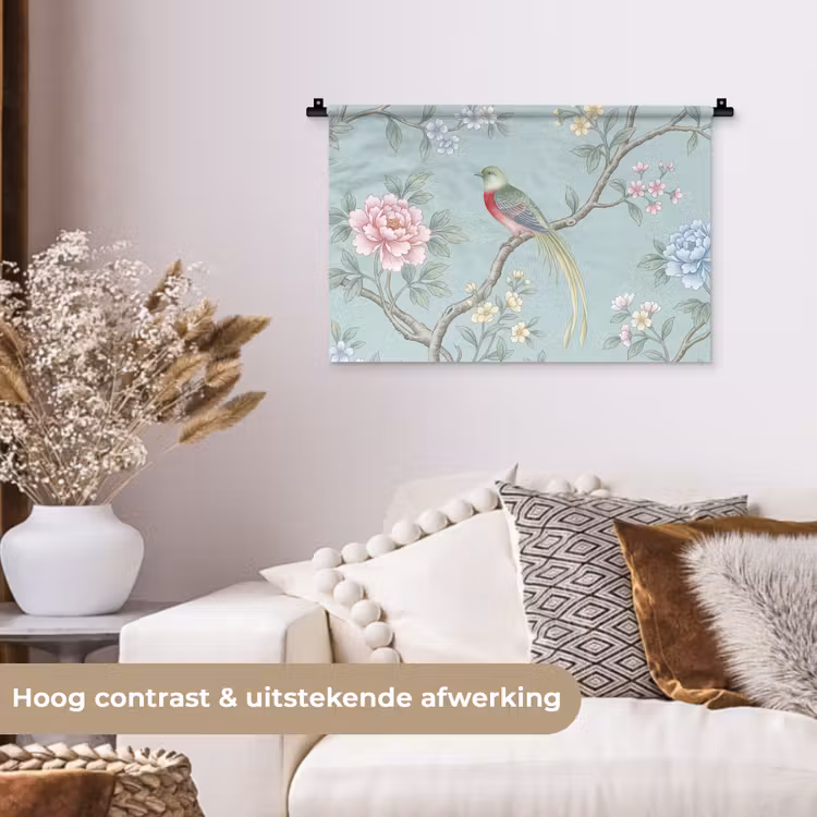 Vogel - Bloemen - Kleurrijk Wandkleed katoen klein -sfeer1