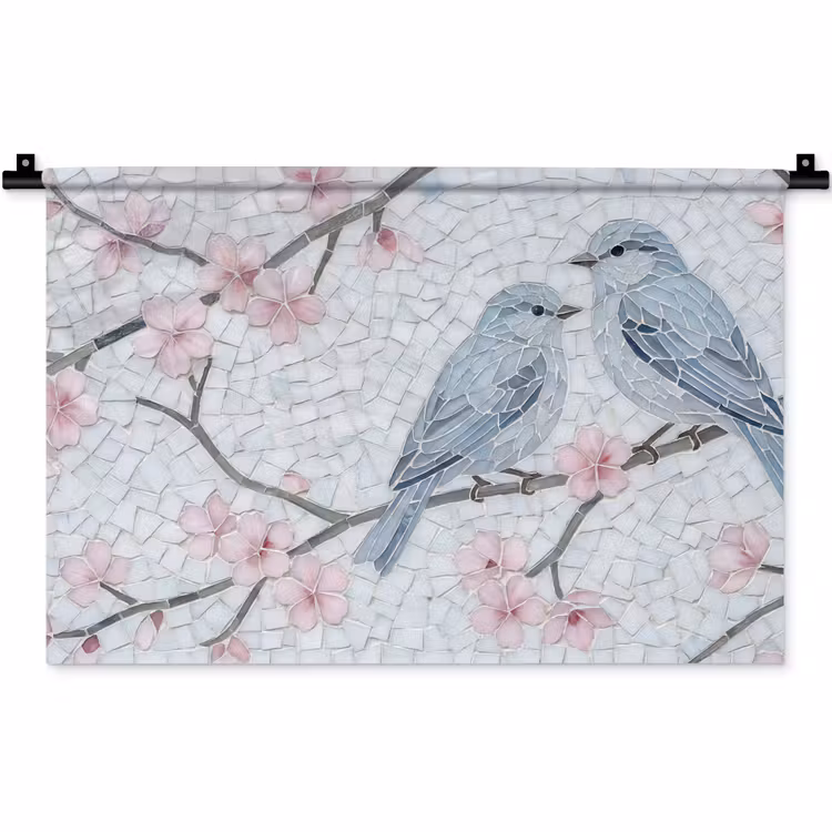 Vogel - Bloemen - Natuur - Mozaïek - Roze Wandkleed katoen klein -zz3d