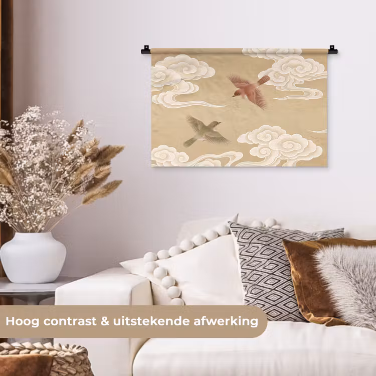 Vogels - Vliegen - Beige Wandkleed katoen klein -sfeer1