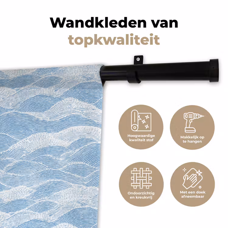 Blauw - Wit - Golven - Getekend Wandkleed katoen klein 269 -sfeer2