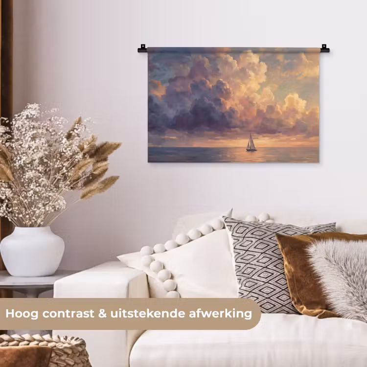 Boot - Zonsondergang - Zee - Natuur - Goud Wandkleed katoen klein -sfeer1