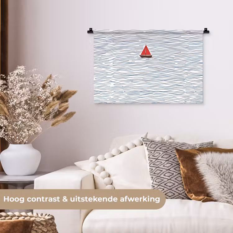 Boot - Water - Rood - Illustratie - Minimalistisch Wandkleed katoen klein -sfeer1