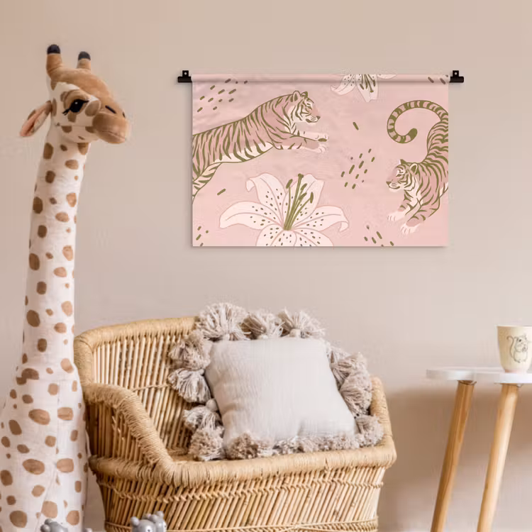 Kat - Springend - Bloemen - Abstract - Roze Wandkleed katoen klein -wsfeer5_kind
