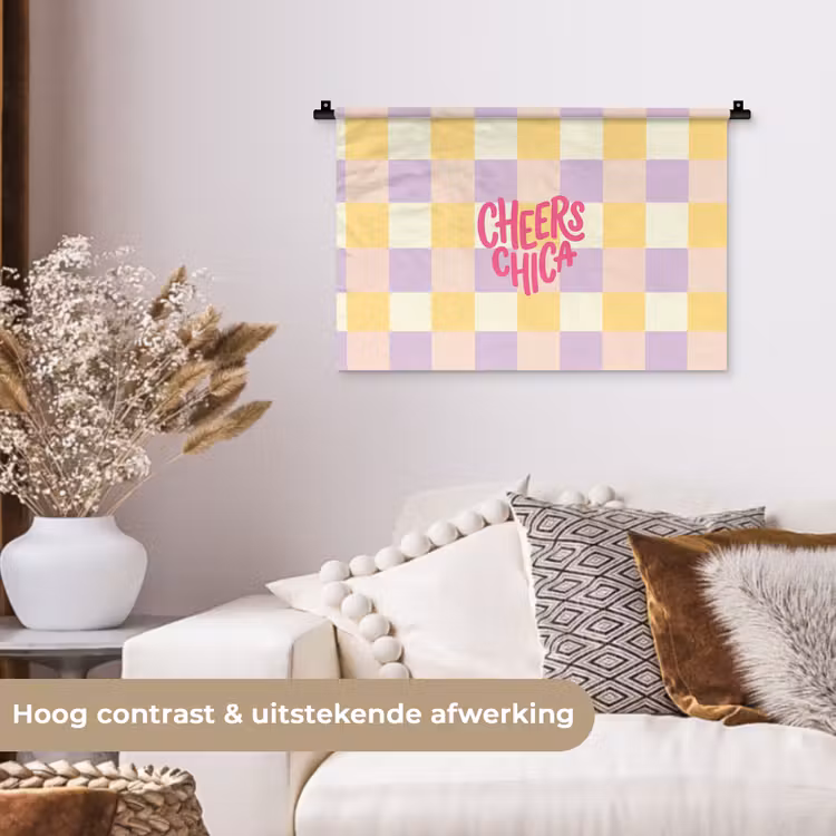 Cheers Chica - Ruitjes - Lila - Geel Wandkleed katoen klein -sfeer1