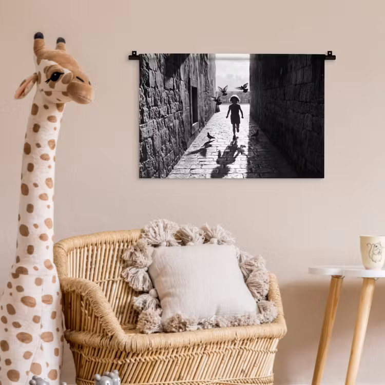 Kind - Vogel - Straat - Zwart-wit - Spelen Wandkleed katoen klein -wsfeer5_kind