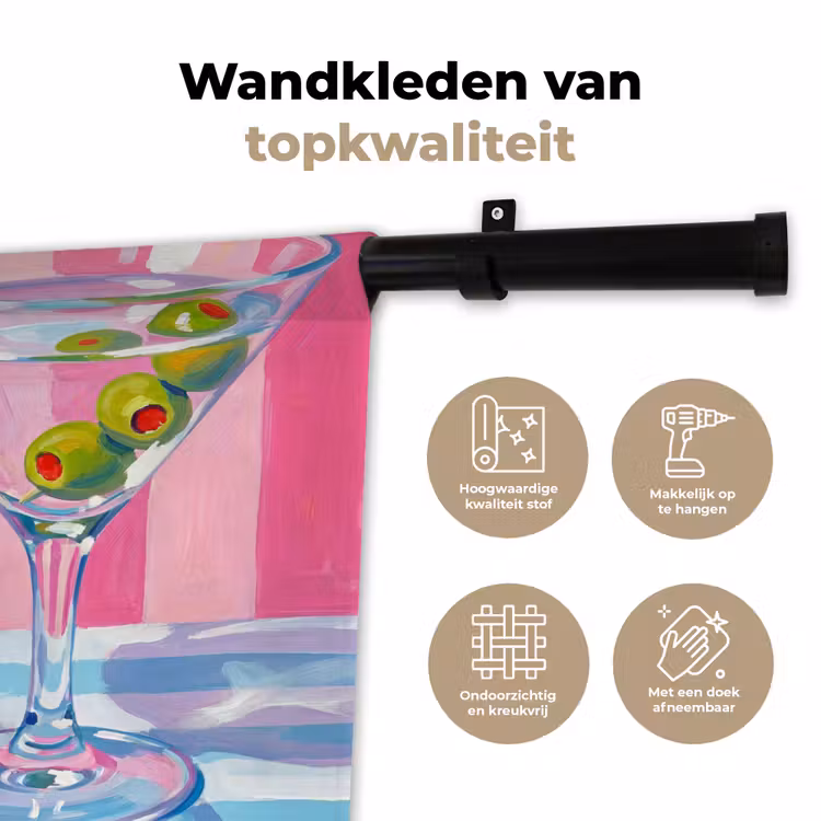 Cocktail - Olijven - Kunst - Modern - Roze Wandkleed katoen klein -sfeer2