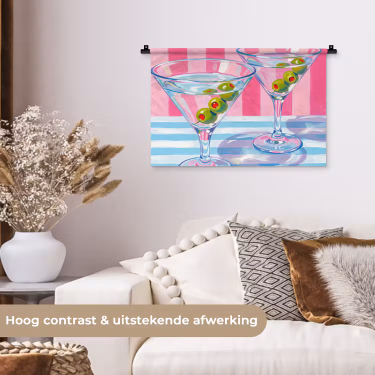 Cocktail - Olijven - Kunst - Modern - Roze Wandkleed katoen klein -sfeer1